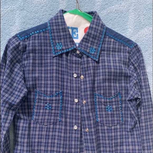 Navy plaid ls western shirt w rhinestones - Picture 3 of 3